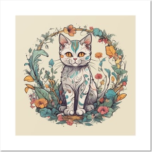 cat with foliage design Posters and Art